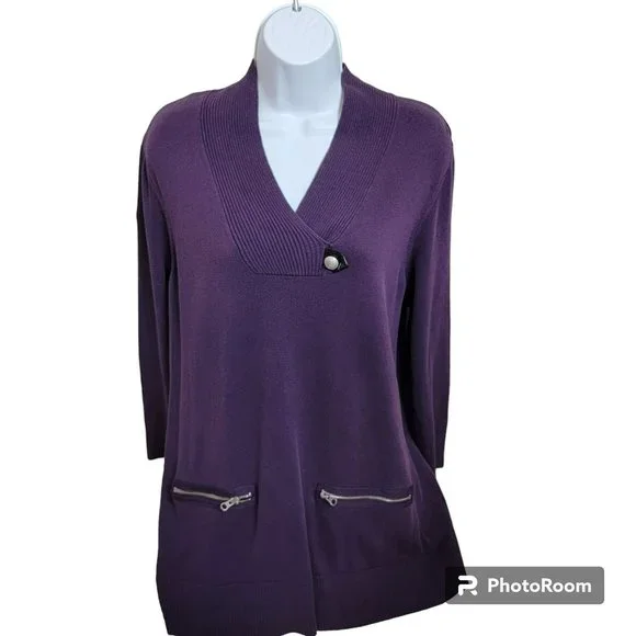 Eight Eight Eight Sweater, Women L, Purple V-Neck w/button, Zipper Pockets, EUC - Picture 3 of 10